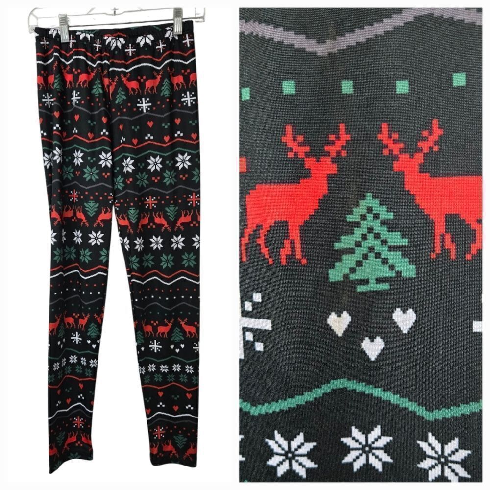 Women's Holiday Leggings Black Reindeer Fair Isle Jersey Christmas Lounge Pant